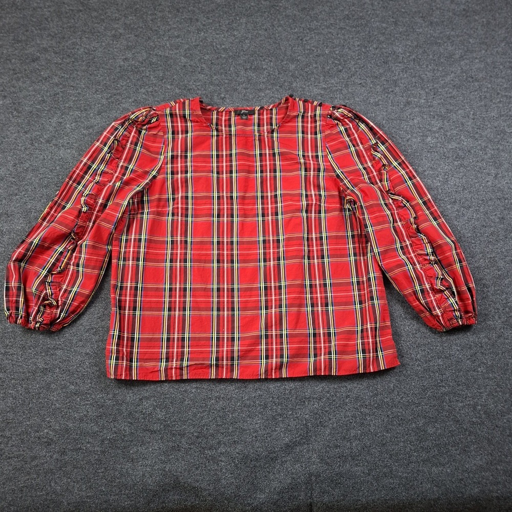 J.Crew Womens Tartan Plaid Ruffle-Trim Woven Top Blouse Large Red Christmas